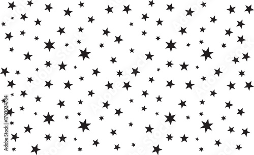 Scattered black stars on a white background seamless pattern Keywords: star, stars, pattern, background, white, black, scattered, random, graphic