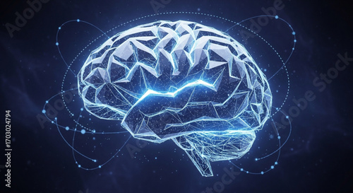 Human brain digital concept with polygon line, futuristic neural network, machine deep learning and artificial intelligence, 3d rendering