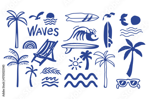 Summer Beach Icons Set, Palm Trees, Waves, Surfboards, Sun and Vacation Elements