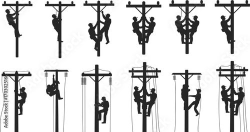 Utility pole workers, linemen climbing poles, electrical repair, power line maintenance, silhouette figures, teamwork, safety gear, cable fixing, electric grid, technician