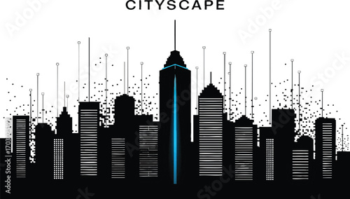 Stylized cityscape with a central skyscraper and pixelated buildings Keywords: cityscape, city, skyline, urban, modern, architecture, buildings