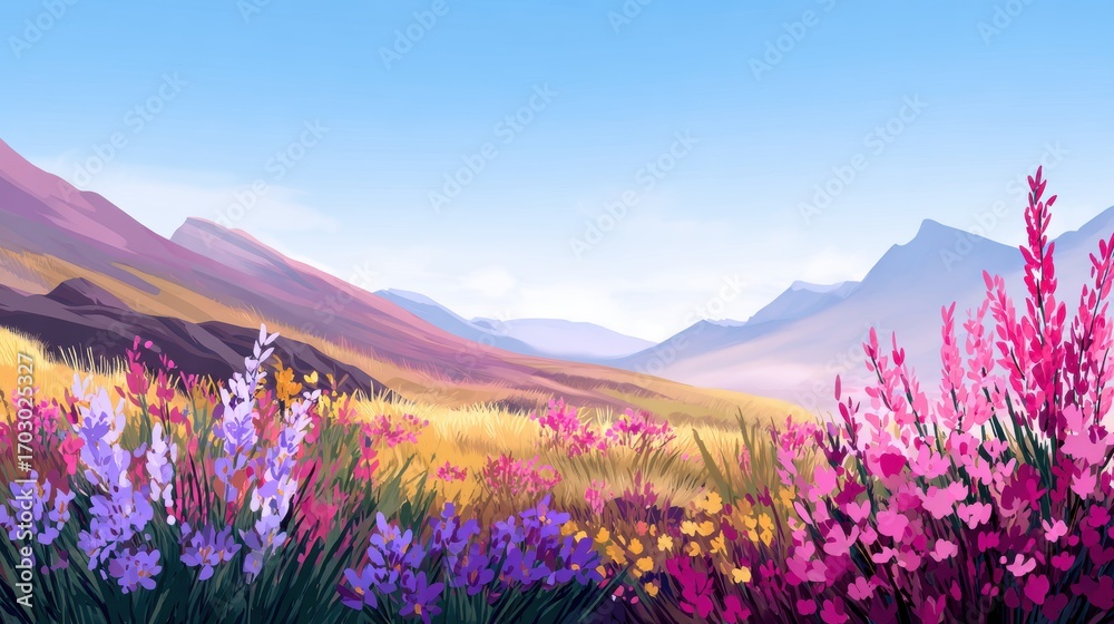 Fototapeta premium Vibrant mountain landscape with colorful wildflowers in the foreground under a clear blue sky