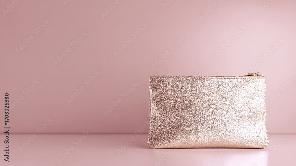 Fototapeta premium Elegant cosmetic bag on soft pink background, highlighting texture and design.