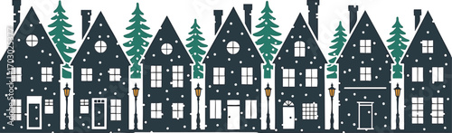Whimsical row of dark blue houses with snow and evergreen trees Keywords: houses, homes, buildings, village, row, street, winter, snow, snowfall