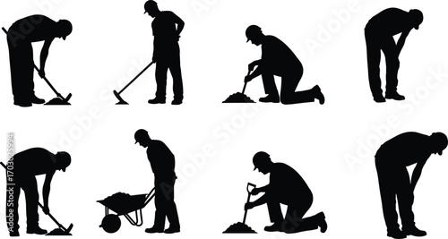 Silhouettes of Construction Workers with Shovels Digging, Lifting, and Moving Soil in Manual Labor Poses for Vector Illustration