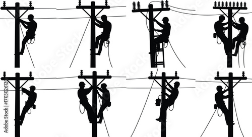 Utility linemen, electrical workers, power pole maintenance, silhouette illustration, lineman climbing, repair crew, electric service, vector, technician, grid safety