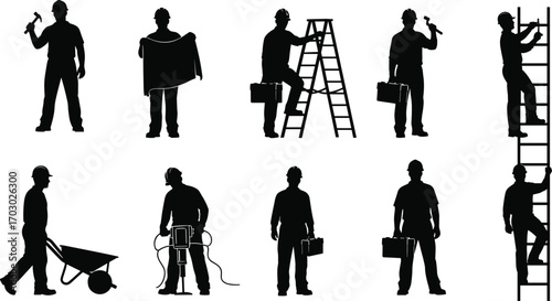 Silhouettes of construction workers with tools, ladder, wheelbarrow, blueprint, safety helmets, teamwork, industrial labor, maintenance, repair, and building concept.