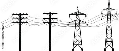 Electric transmission towers, utility poles silhouette, power line vector, high voltage grid, energy distribution lines, electrical infrastructure artwork