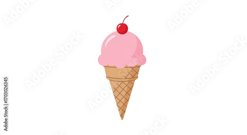 Delicious strawberry ice cream cone with a cherry on top perfect for summer, dessert, or sweet treat designs