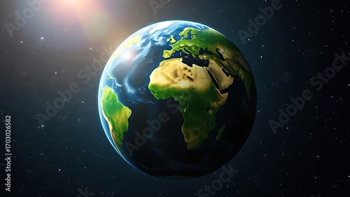 Earth globe floating in starry space, highlighting vibrant continents in a cosmic setting.