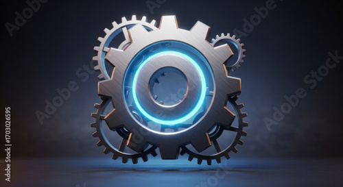 Gears and cogs with blue neon light, symbolizing teamwork, engineering, and technology, perfect for industrial or innovative projects