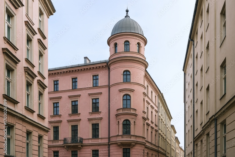 Fototapeta premium Elegant European Cityscape with Pink Architecture and Classic Design, Featuring a Domed Tower, and Urban Setting