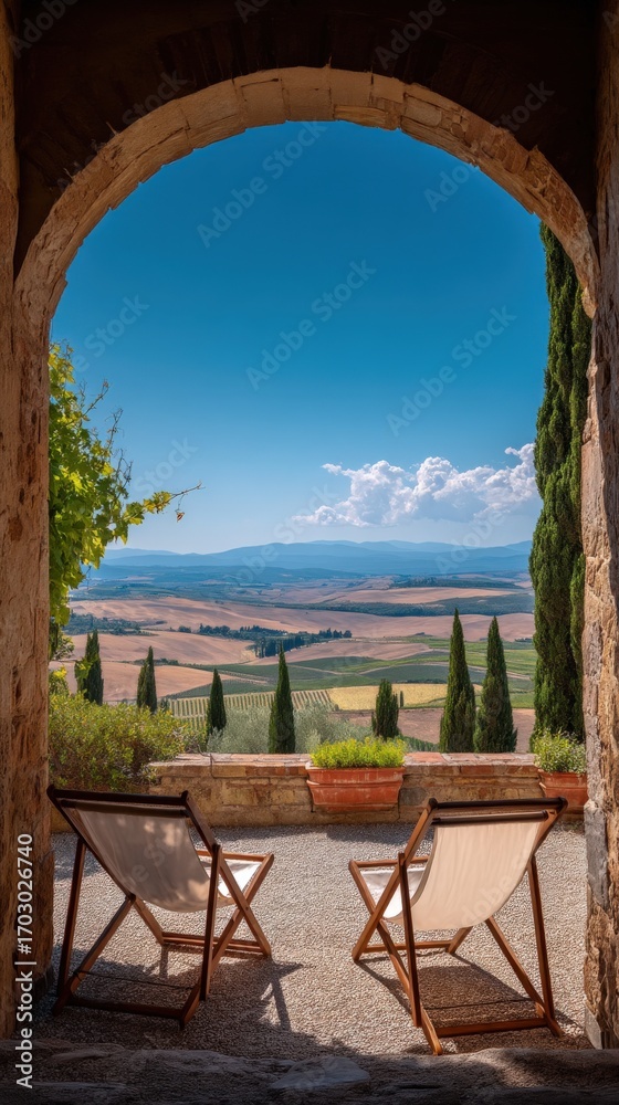Obraz premium Picturesque Tuscan Landscape View Through Stone Arch with Deck Chairs Inviting Relaxation and Tranquility