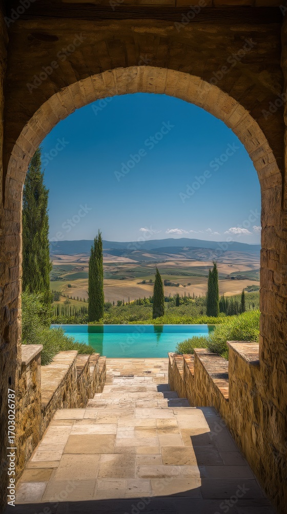 Fototapeta premium Tuscan Paradise View Through Archway: Serene Pool and Rolling Hills in Italy