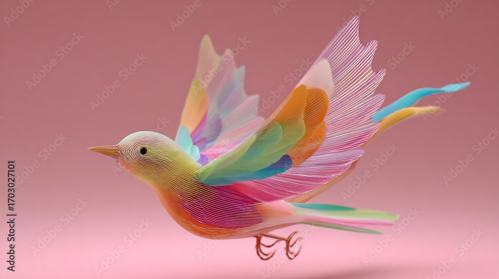 Fototapeta premium A vibrant, iridescent bird takes flight against a soft pink backdrop, its delicate wings shimmering with a spectrum of colors, creating a mesmerizing display of natures beauty