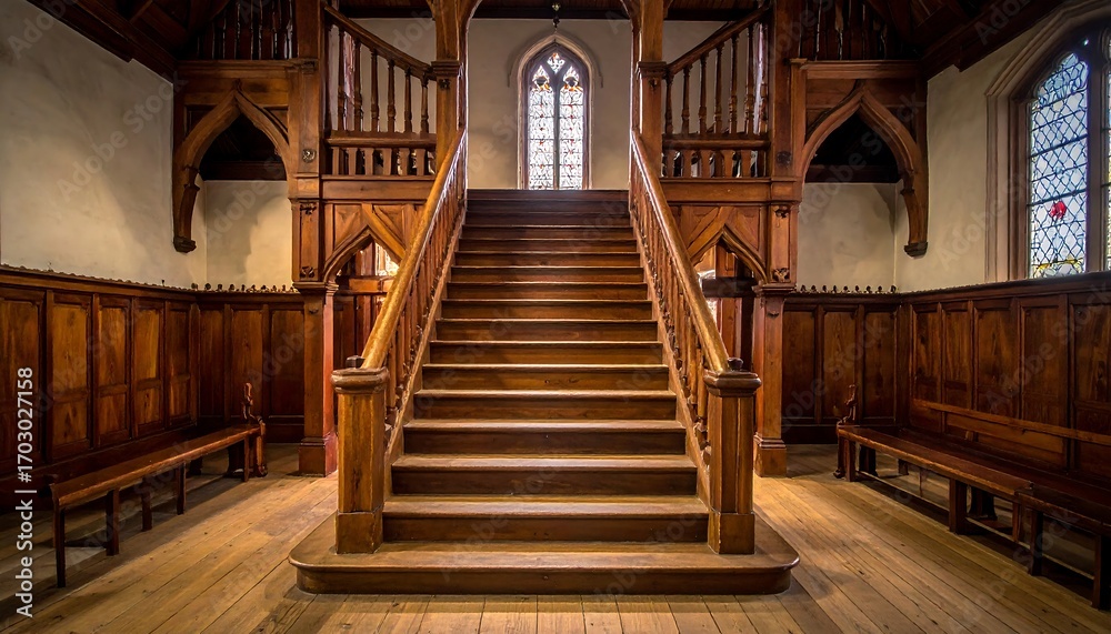 Obraz premium Ornate wooden staircase in a historic hall