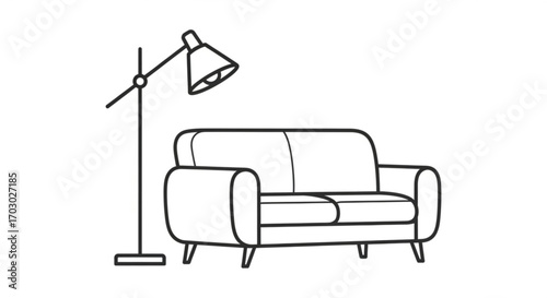 Illustration of a cozy living room setup featuring a sofa and a floor lamp in a minimalist line art style
