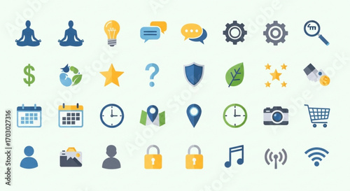 Collection of colorful flat icons representing various themes such as business, lifestyle, and technology on a clean background for web design