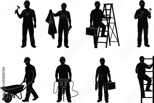 Silhouettes of construction workers with tools, ladder, wheelbarrow, drill, safety helmets, teamwork, industrial labor, maintenance, repair, blueprint, building concept.