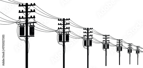 Silhouette electric poles with dual transformers, power line infrastructure, black vector illustration, energy transmission system, high voltage utility design