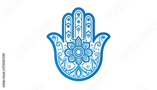 Blue ornate hamsa hand on white background