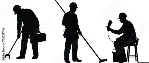 Silhouettes of Industrial Workers with Tools Performing Maintenance, Construction, and Painting Tasks in Various Job Roles Vector Illustration
