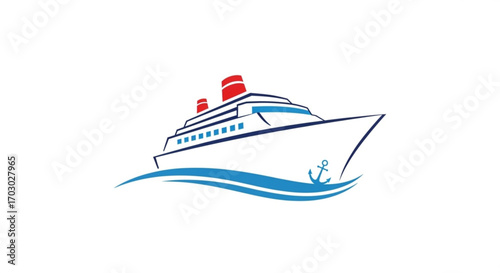 Stylized cruise ship illustration, representing travel, vacation, or maritime transportation with red and blue colors