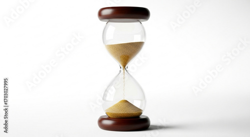 Hourglass with sand, symbolizing time, deadline, or countdown with a wooden frame and clear glass