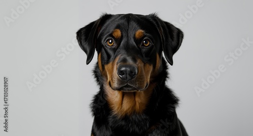Close-up portrait of a black and tan dog, pet animal photography, canine headshot