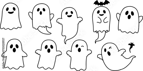 Doodle cute ghosts Haloween great collection. Simple spooky character. Scary ghostly monsters.
