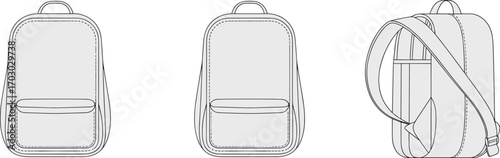 Backpack flat sketch, front side angle view, cad drawing vector, travel bag design, school backpack template, technical outline, fashion accessory illustration
