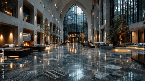 Corporate building lobby at night