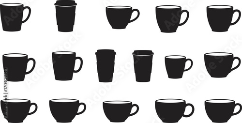 Vector black silhouette coffee cups and takeaway mugs set, perfect for coffee shops, cafes, beverage branding, hot drink icons design.
