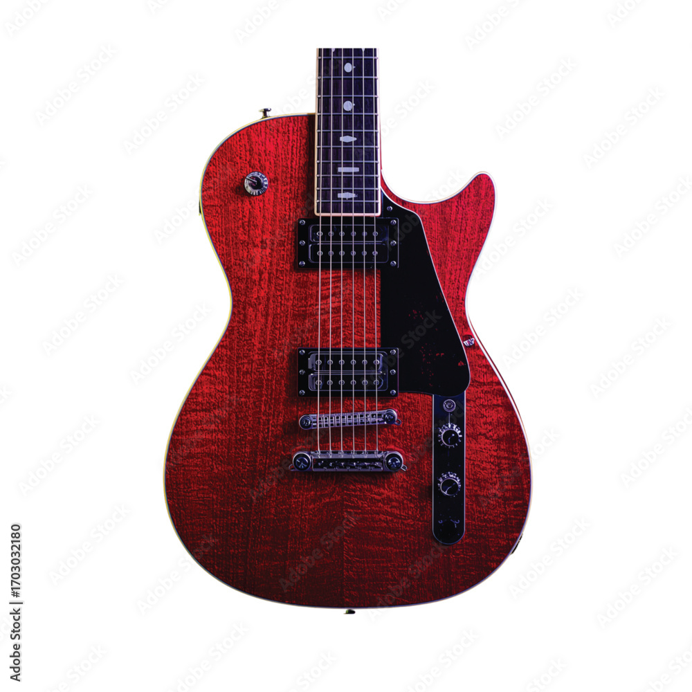 Obraz premium Red electric guitar with a carved top and black pickups.