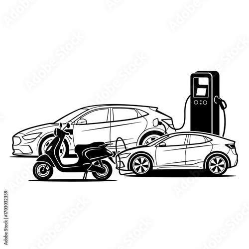 Modern electric vehicles and scooter charging at station, showcasing sustainable transportation future.