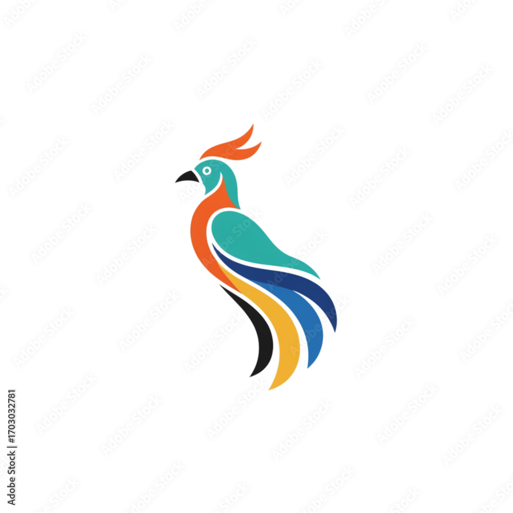 Fototapeta premium Colorful tropical bird logo icon with elegant flowing feathers, a stylized parrot or phoenix symbol for creative brand identity