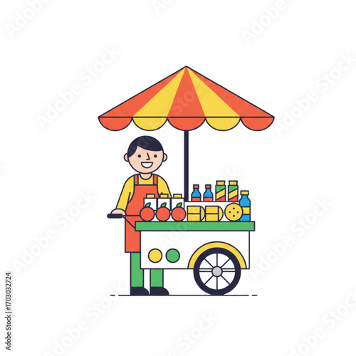 Smiling street vendor with a colorful food cart selling fresh juice and refreshing beverages under a striped umbrella