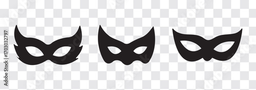 Black mask vector icon collection. Different masks silhouette isolated on white background. Set Superman, Superhero themes, cosplay graphics, comic illustrations, logo, and creative designs. powerful.