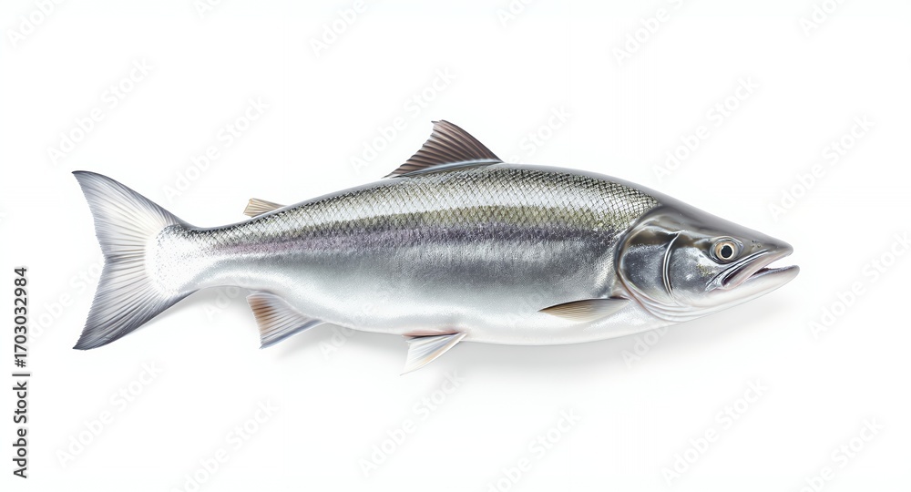 Obraz premium High-resolution image of a silvery fish on a white background, perfect for seafood menus, packaging, and culinary websites.