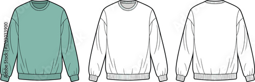 cad drawing flat vector illustration, sweatshirt apparel fashion design template, clothing technical sketch, garment mockup outline, casual wear pullover front and back view