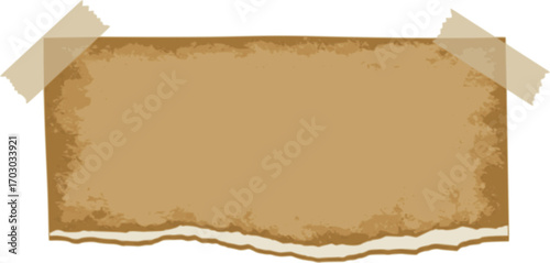 Brown torn paper note with adhesive tape isolated on a white background, Vintage grunge note paper pieces with ripped tape labels.