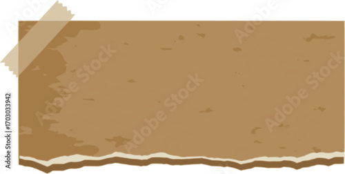 Brown torn paper note with adhesive tape isolated on a white background, Vintage grunge note paper pieces with ripped tape labels.