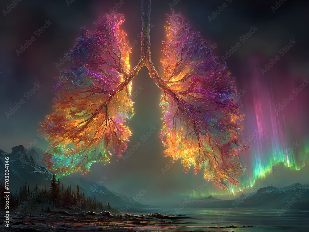 Fototapeta premium Colorful Aurora Borealis In Lungs Shaped Design Over Mountain Landscape