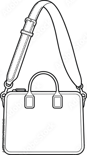 Handbag illustration, crossbody bag, CAD flat drawing, vector fashion accessory, leather purse design, stylish bag template, technical sketch, tote mockup