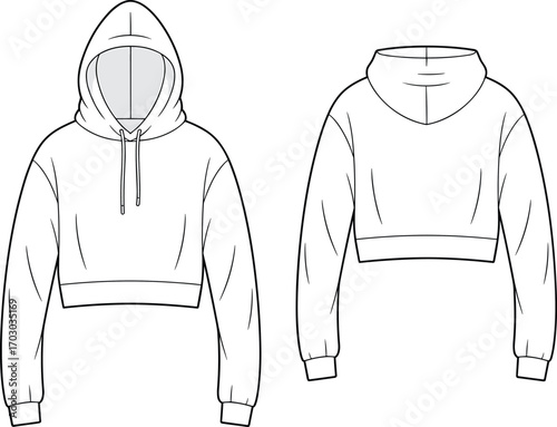 Cropped hoodie cad drawing, sweatshirt fashion sketch, casual streetwear vector template, women apparel design illustration, modern hoodie flat sketch