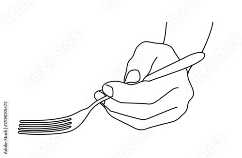 フォークを使っている片手のシンプルな線画ベクターイラスト
