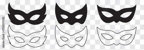 Black mask vector icon collection. Different masks silhouette isolated on white background. Set Superman, Superhero themes, cosplay graphics, comic illustrations, logo, and creative designs. powerful.
