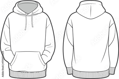 Hoodie cad drawing, sweatshirt flat template, hoodie front and back view, vector fashion sketch, clothing outline, garment design, apparel illustration, casual wear