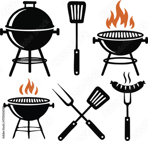 Barbecue Grill and Utensils Icons with Flames and Sausage on White Background cooking food