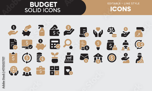  Budget icon set. Containing expense, money management, cash flow, savings, spending, income, allocation, cost estimate and more. Solid vector icons collection On White Background